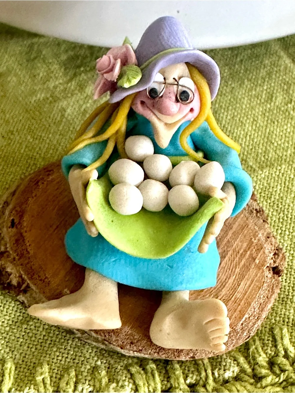 Nancy Pippen People Signed Handmade Clay Witch Figurine on Driftwood - 1.5”in